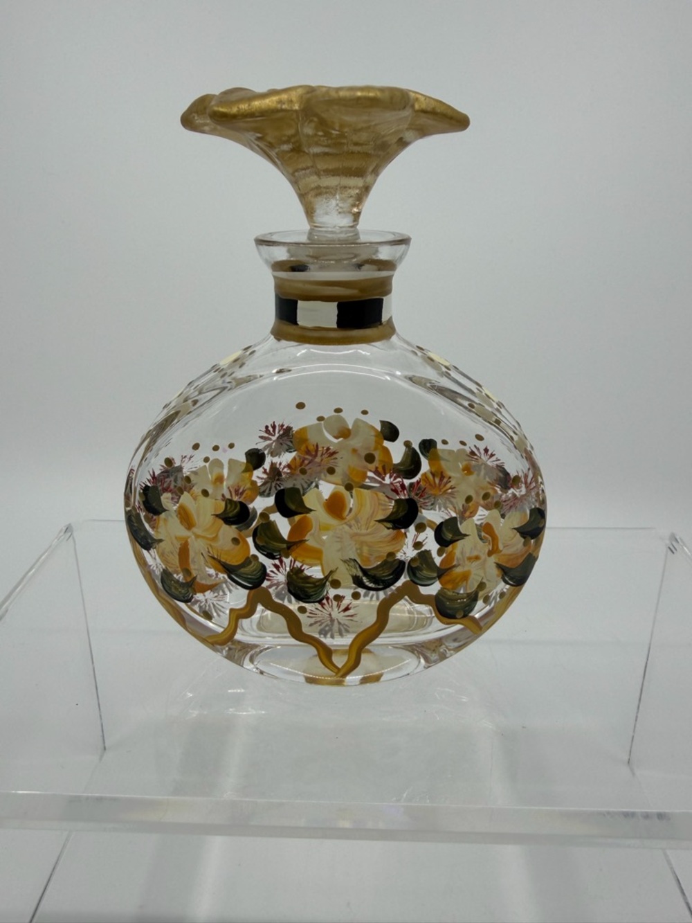 Hand-Painted Floral Glass Perfume Bottle in Gold and Black Accents